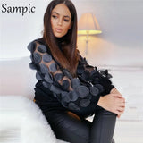Mesh Patchwork Black White Vintage Puff Long Sleeve Blouse Shirts Women Casual Turtleneck Elegant Blouse Tops