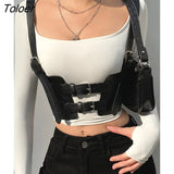 Goth Aesthetic Buckle Black Crop Tops Dark Academia Fashion PU Leather Women's Corset Tops Punk Style Gothic