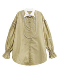 Fashion Women Shirt Spliced Lapel Flare Sleeves Loose Pearl Necklace Single Breasted Khaki Blouses Autumn 2023 New