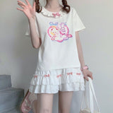 Kawaii White Mini Skirts Women Harajuku Ruffle Lace Bow Patchwork High Waist Pleated Skirt Japanese Style Soft