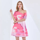 Sexy Print Tie Dye Dress For Women Asymmetrical Collar Short Sleeve High Waist Hit Color Dresses Female Fashion