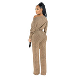 Women 2023 Spring Long Sleeve High Waist Loose Belt Wide Leg Jumpsuit Elegant Office Ne Piece Outfit Party