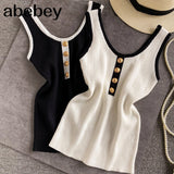 Women's Patched O-neck Tank Tops Female Bodycon Knitted Buttons Simple Stretchy Camisole Sleeveless Tee shirts