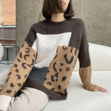Leopard-Print Spliced Sweater Female Soft Thick Sheep Velvet Long Sleeve Knitted Tops In