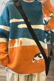 Vintage Couple's Sweater Winter Women Casual Print Warm Daily Knitwear Coats Loose BF Pullover Harajuku Jumper