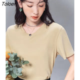 T-shirts 2022 Summer Short Sleeve V Neck Loose Tees Soft Solid Green Khaki Black Casual Basic
