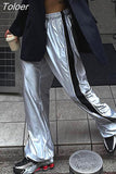 Y2k Silver Sweatpants Women Korean Streetwear Loose Vintage Side Stripe Elastic Waist Track Pants Summer Casual