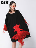 Women Black Fish Embroidery Knee Length Big Size Dress New Round Neck Wrist Sleeve Fashion Tide Spring Autumn 2023