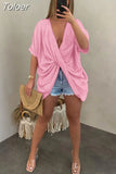 Front Draped Baggy Basic T-shirts for Women Simple Plunge V-neck Short Sleeve Tops Casual Summer Solid Irregular