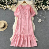 Hollow Out Women Fashion Long Dress Short Sleeve High Waist Lady Bodycon Dresses Chic Korean Vestidos Solid