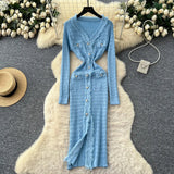 Small Fragrant Style High-Level Sense V-Neck Metal Buckle Waist Knitted Dress Women Autumn Body Fork Long