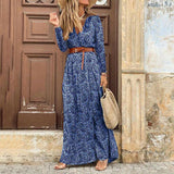 Long Maxi Dresses Women V Neck Fashion Paisley Print Sundress Belt Hem Casual Elegant Robe Femme Vintage Beach