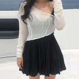 Grunge Irregular Crop Tops Sexy See Through T-shirts Korean Fashion Designer Clothes Skew Collar Mesh Tops