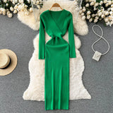 Autumn Sexy Knitted Dress Women V Neck Long Sleeve Slim Maxi Dress Female Autumn Hollow Out Sweater Long Dress