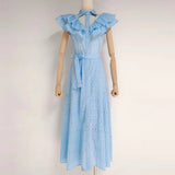 Cut Out Lace Up Dress For Women Bowknot Collar Sleeveless High Waist Solid Midi Dresses Female Summer Clothing
