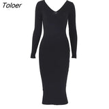 Autumn Winter Sweater Dress Casual 2022 V-Neck Elegant Knitted Women Dresses Long Sleeve Bodycon Midi Dress