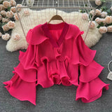 Spring Autumn Women Irregular Ruffle Draped Tops Female Elegant V-Neck Flare Long Sleeve Short Tops Vintage Blouse New