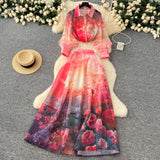 Actress High-End Printing Set Female Lantern Sleeve Buckle Shirt + High Waist Swing Half Body