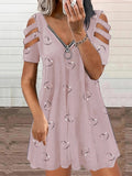 Wish Women's V-Neck Zipper Printed Short Sleeves Relaxed Casual Lavender