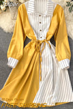 New Spring Summer Striped Print Patchwork Long Sleeve Shirt Dress Women Casual Buttons Lace-up Sash A-line OL Work