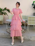 New Summer Temperament All-match O-neck short sleeve Dress waist slim multi-layer Ruffles cake