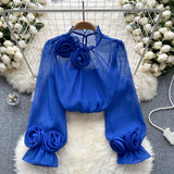 Shirt Female Design Sense Small Three-Dimensional Flower Bubble Sleeves To Reduce The Age Of Pure Color Chiffon Shirt Women's Long-Sleeved