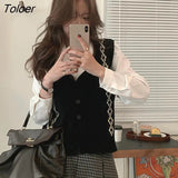 Vest Women Retro Design Panelled Single Breasted Knitted Vests Loose All-match Preppy Style V-neck Sleeveless