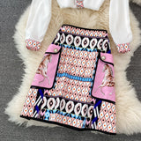 2023 Fashion Runway Summer Skirt Suit Women's Horse Geometry Print Blouse And A Line Pocket Buttons Skirt 2 Two Piece
