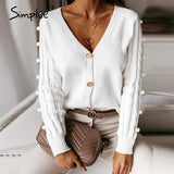 Sexy v-neck knitted women cardigan Casual solid white long sleeve sweater cardigan Elegant autumn ladies sweater