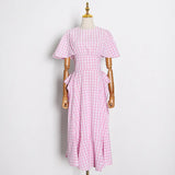 TWOTWINSTYLE Vintage Side Split Plaid Dress For Women Round Neck Puff Sleeve High Waist Ruffle Trim Dresses Female Fashion