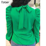 Solid Puff Sleeve Shirt Blouse Top Elegant Women Clothing Lace Up Long Sleeve OL Office Ladies Blouse Green