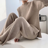 And Winter Solid Color Round Collar Open Fork Sweater Set Women's Loose Knitting Tops Broad Leg Pants Two