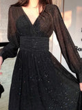 Fashion Women's Dress Glittering Sequin Design Feeling Waist Crimping Temperament Long Sleeved Skirt Versatile Slim