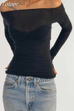 Shoulder See Through Mesh Women's T-shirt Spring 2023 Y2k Tops Long Sleeve Crop Tees Streetwear Sexy Ruched T Shirts