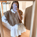 Foridol Knitted Sweater Vest Women Ruffle Vintage Sleeveless V Neck Brown Waistcoat Thick Autumn Winter Twist Vest Pullover