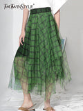 TWOTWINSTYLE Patchwork Sheer Mesh Midi Skirt For Women High Waist Loose Plaid Colorblock Irregular Hem Skirts Female Clothes