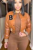 B PU Faux Leather Crop Bomber Coat Ladies Stand Collar Full Sleeve Baseball Jackets Streetwear Button Down Slim Fit
