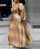 Plus Size Brown Polk Dot Printed V-neck Long Sleeve Maxi Dress with