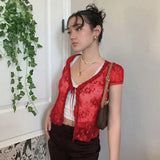Rockmore Brown Mesh Transparent Tshirt Women Lace Up Cardigan Tops Short Sleeve Tees Shirts Streetwear Summer Sexy