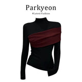 Temperament Oceanic Irregular Bottoming Shirt Women Autumn Half-High Collar Collar Head Thin Bumping Color Splicing