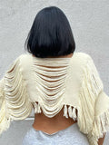 Fashion Women's Knitted Pullover Round Neck Loose Apricot Half Sleeve Asymmetric Tassel Sweater Summer 2023 New