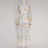 Embroidery Print Summer Dress For Women 2022 Slash Neck Long Sleeve High Waist Midi Dresses Female Clothing