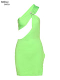 Sisterlinda Sexy Hollow Green Mini Dress Women One-Shoulder Sleeveless Side Split Backless Party Vacation Stretchy Skinny