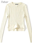 Fashion Women's Knitted Pullover Round Neck Slim Solid Color Hem Gross Cut Out Long Sleeve Sweater Autumn 2023 New