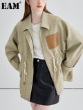 Women Coffee Leather Drawstring Big Size Trench New Lapel Long Sleeve Windbreaker Fashion Tide Spring Autumn 2023