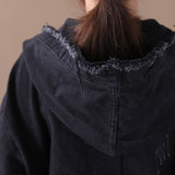Korean Denim Jacket Female Hooded Long Sleeve Pockets Asymmetric Frayed Coat Women 2023 Casual Fashion