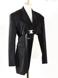 Women Black Irregular Buckle Blazer New Lapel Long Sleeve Loose Fit Jacket Fashion Tide Spring Autumn 2023