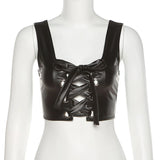 Sisterlinda Sexy Punk Y2K Black PU Leather Crop Top Womens Sleeveless Deep V Neck Backless Camisole Fashion Party Club