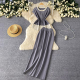 Sense Of The Color Short Sleeve Knitted Cardigan Top + High Waist Long Skirt Summer Wearing Two