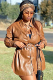 Casual Brown Turndown Collar Long Sleeve Loose Faux PU Leather